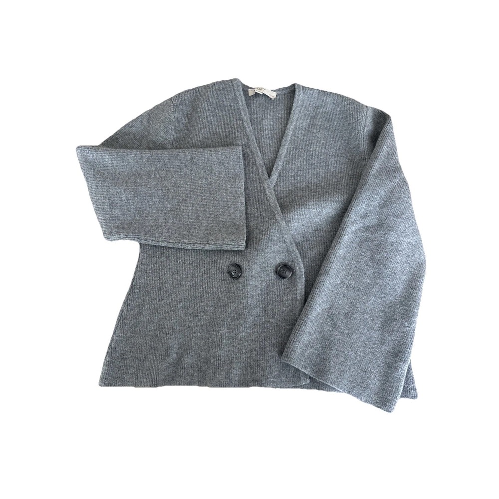 Loft Ladies Gray V Neck Cardigan Sweater Blazer Flare Sleeves Wool Blend Size LP